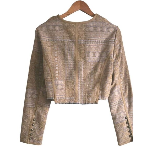 Free People Juliette Cropped Tan Jacket Raw Hem Tapestry Women's Large NWT - Picture 8 of 11